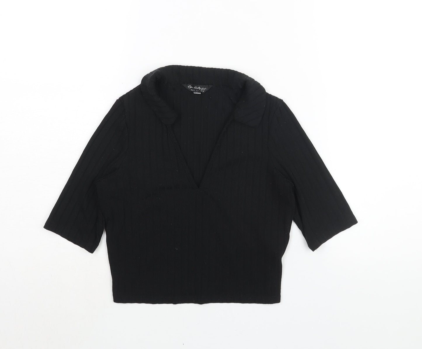 Miss Selfridge Womens Black Polyester Cropped Blouse Size 10 Collared - Ribbed
