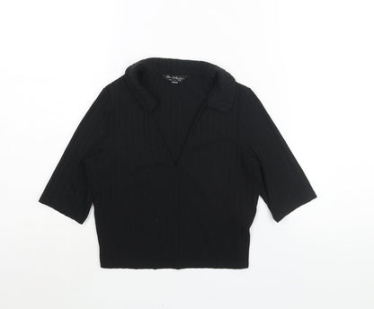 Miss Selfridge Womens Black Polyester Cropped Blouse Size 10 Collared - Ribbed