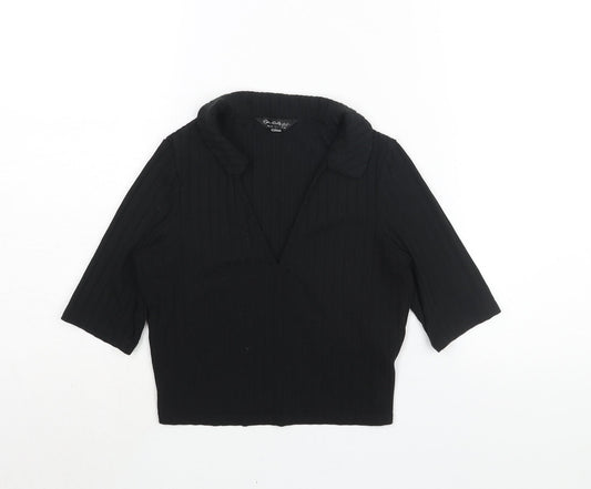 Miss Selfridge Womens Black Polyester Cropped Blouse Size 10 Collared - Ribbed