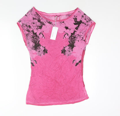 Via Delle Rose Womens Pink Polyester Basic Blouse Size S Boat Neck - Rose Print Panel Detail
