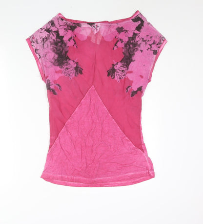 Via Delle Rose Womens Pink Polyester Basic Blouse Size S Boat Neck - Rose Print Panel Detail