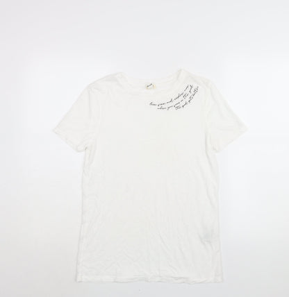 River Island Womens White Cotton Basic T-Shirt Size 6 Round Neck - Embroidered Text