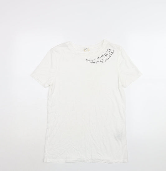 River Island Womens White Cotton Basic T-Shirt Size 6 Round Neck - Embroidered Text