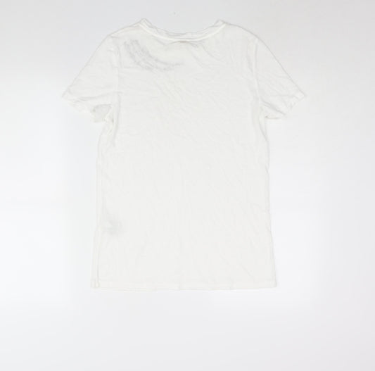 River Island Womens White Cotton Basic T-Shirt Size 6 Round Neck - Embroidered Text