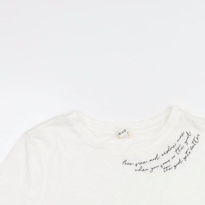 River Island Womens White Cotton Basic T-Shirt Size 6 Round Neck - Embroidered Text