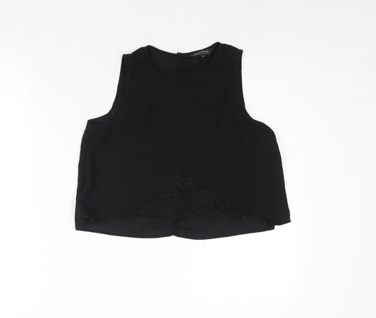 Miss Selfridge Womens Black Polyester Cropped Blouse Size 8 Round Neck - Lace Panel