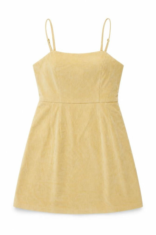 Front view of Cooperative women’s yellow cotton mini, size M, square neck zip