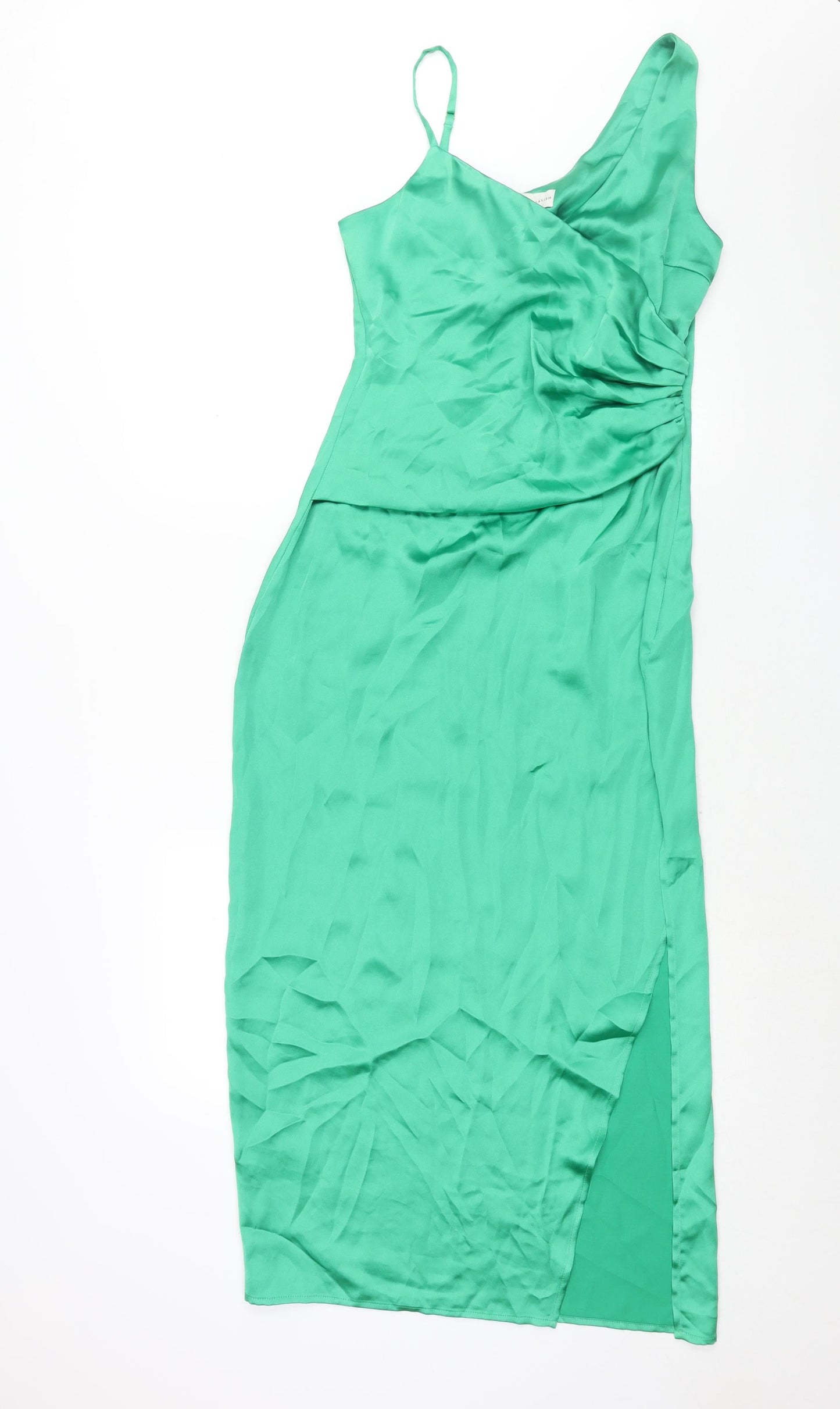 Pretty Lavish Womens Green Polyester Slip Dress Size 10 V-Neck Zip - Front Slit Rouched