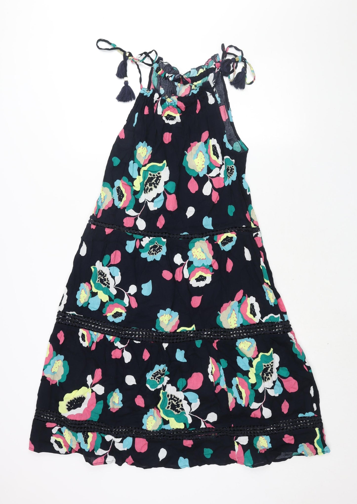 Marks and Spencer Womens Blue Floral Cotton A-Line Size 8 Round Neck Tie - Tassle Strap Lace Detail