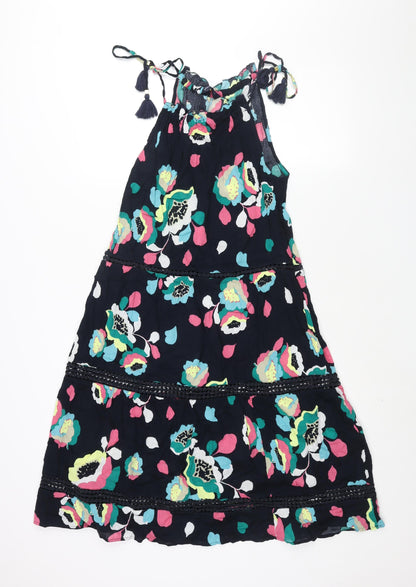 Marks and Spencer Womens Blue Floral Cotton A-Line Size 8 Round Neck Tie - Tassle Strap Lace Detail