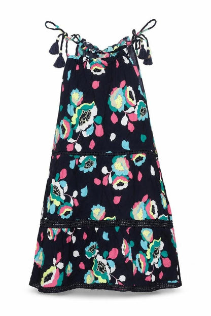 Marks and Spencer Womens Blue Floral Cotton A-Line Size 8 Round Neck Tie - Tassle Strap Lace Detail