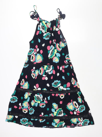 Marks and Spencer Womens Blue Floral Cotton A-Line Size 8 Round Neck Tie - Tassle Strap Lace Detail