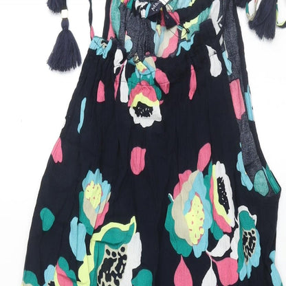 Marks and Spencer Womens Blue Floral Cotton A-Line Size 8 Round Neck Tie - Tassle Strap Lace Detail