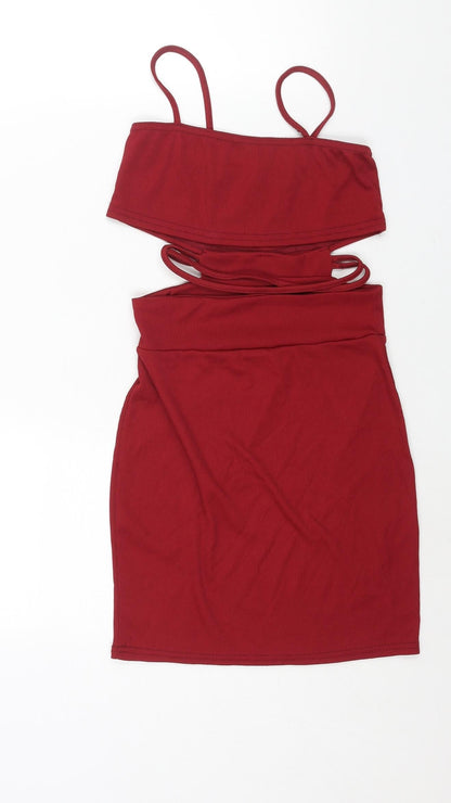 PRETTYLITTLETHING Womens Red Polyester Mini Size 6 Square Neck Pullover - Cut Out Detail