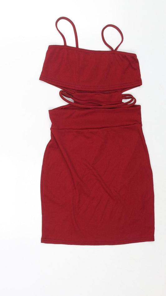 PRETTYLITTLETHING Womens Red Polyester Mini Size 6 Square Neck Pullover - Cut Out Detail