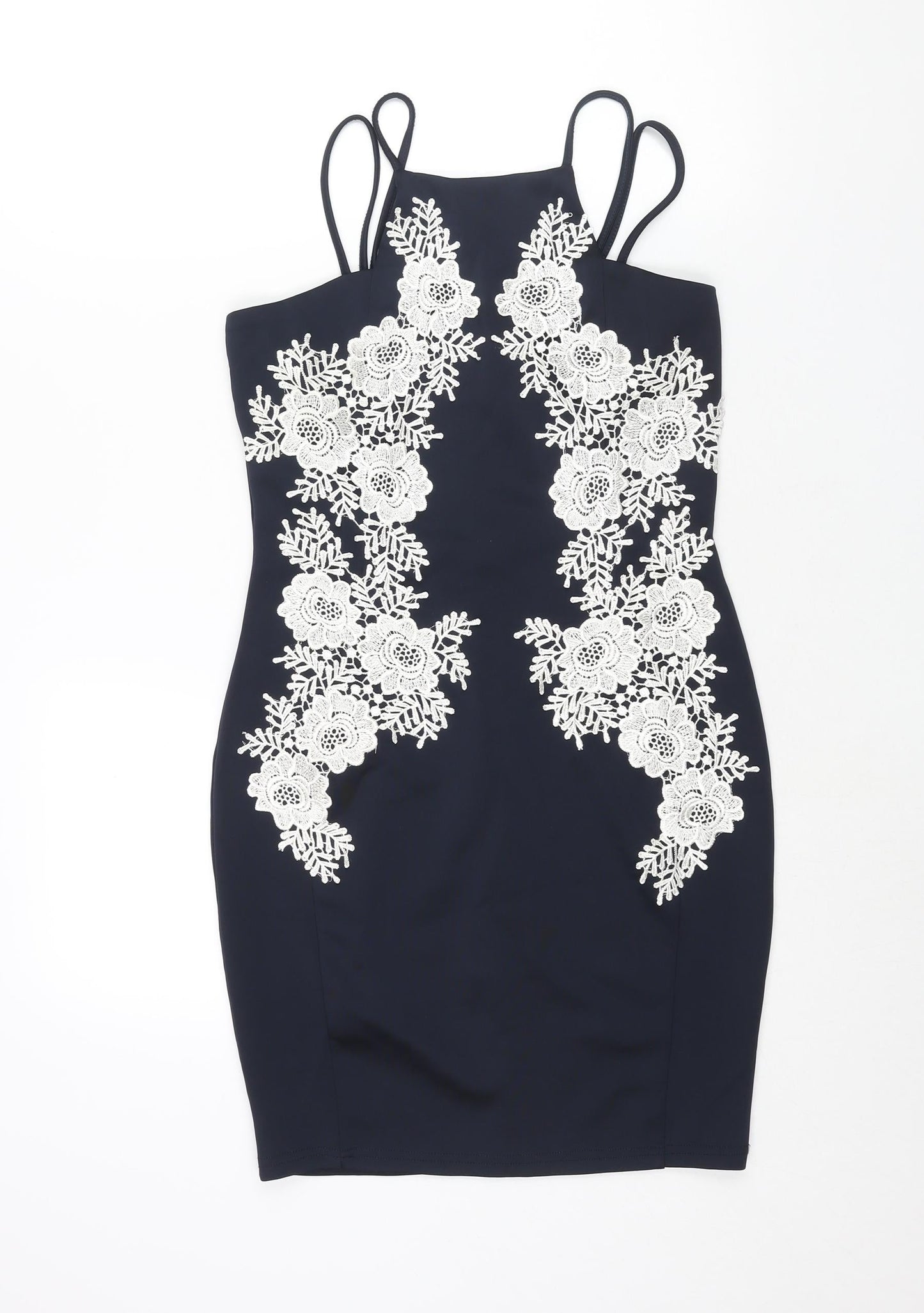 AX Paris Womens Blue Polyester Bodycon Size 12 Square Neck Zip - Floral Lace Detail