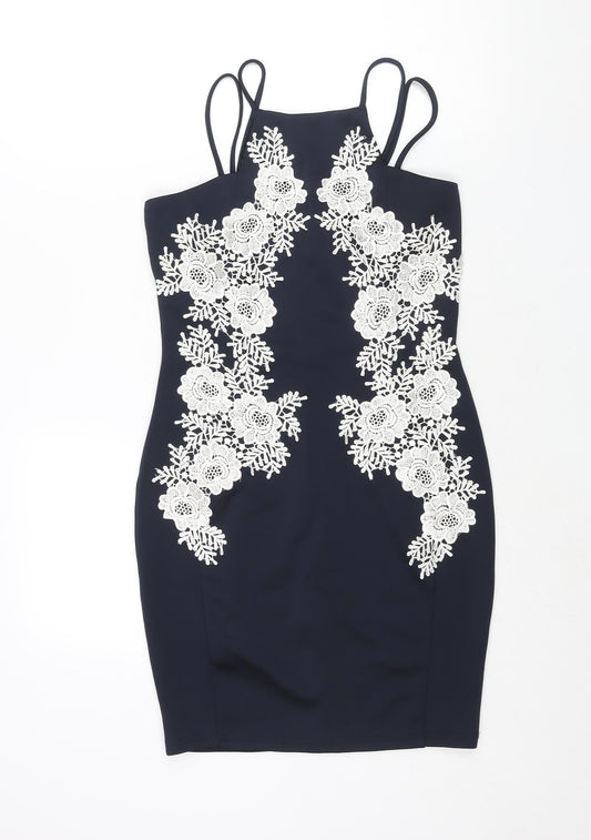 AX Paris Womens Blue Polyester Bodycon Size 12 Square Neck Zip - Floral Lace Detail