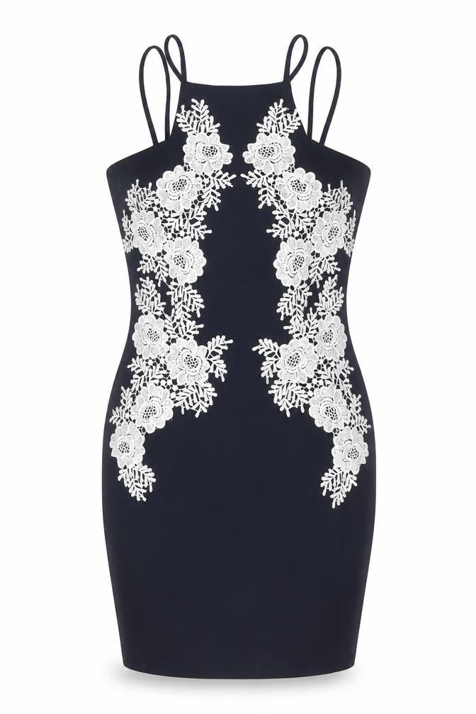 AX Paris Womens Blue Polyester Bodycon Size 12 Square Neck Zip - Floral Lace Detail