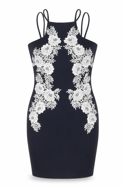 AX Paris Womens Blue Polyester Bodycon Size 12 Square Neck Zip - Floral Lace Detail