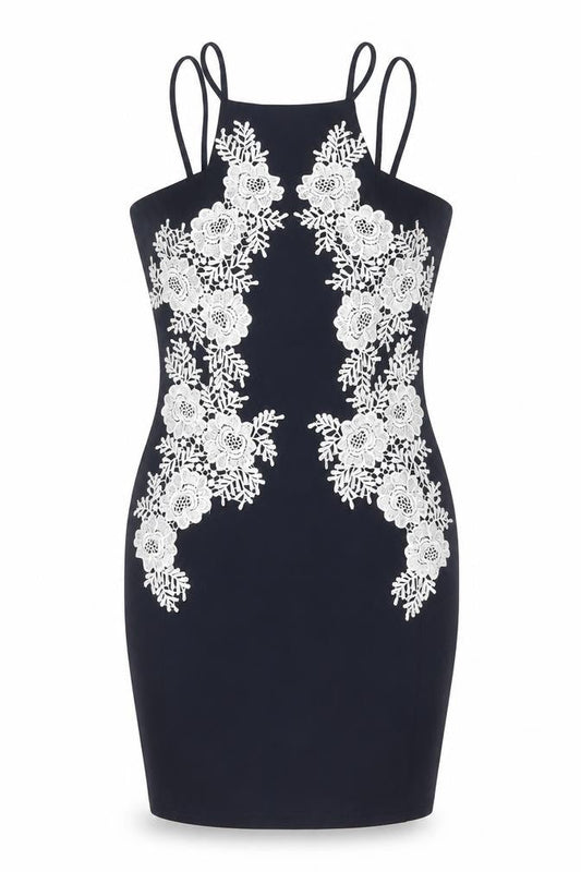 AX Paris Womens Blue Polyester Bodycon Size 12 Square Neck Zip - Floral Lace Detail