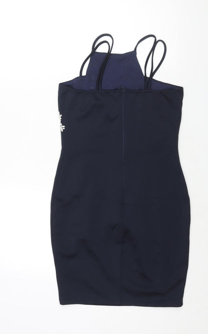 AX Paris Womens Blue Polyester Bodycon Size 12 Square Neck Zip - Floral Lace Detail