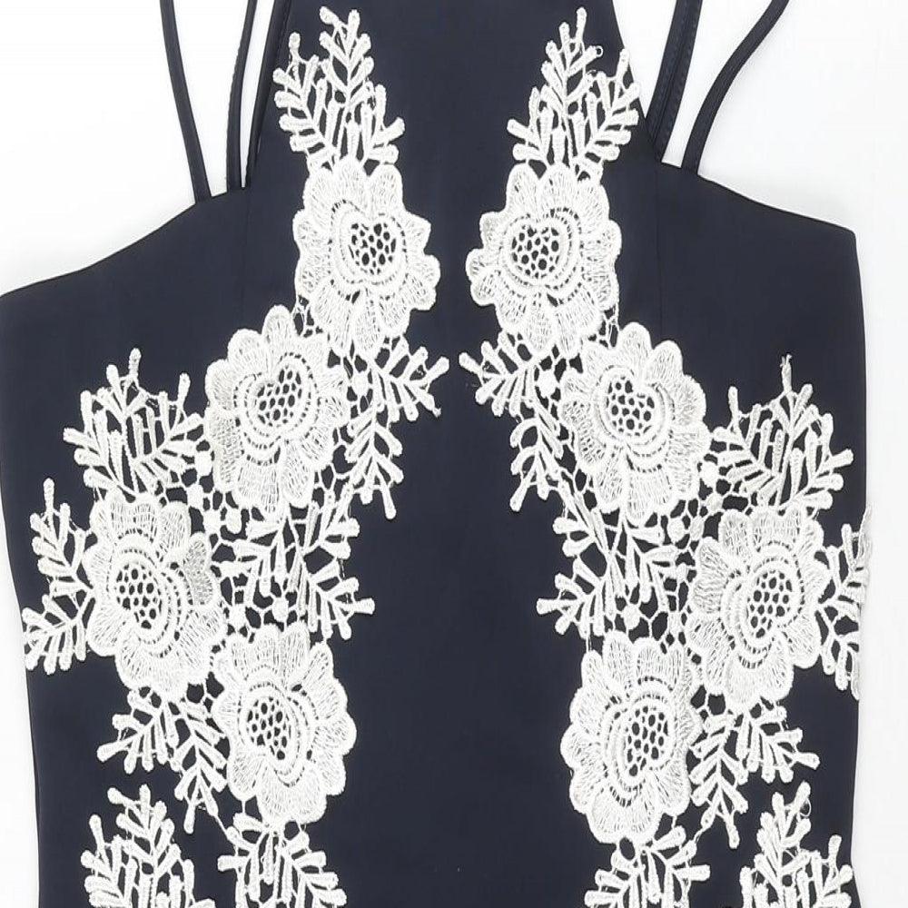 AX Paris Womens Blue Polyester Bodycon Size 12 Square Neck Zip - Floral Lace Detail