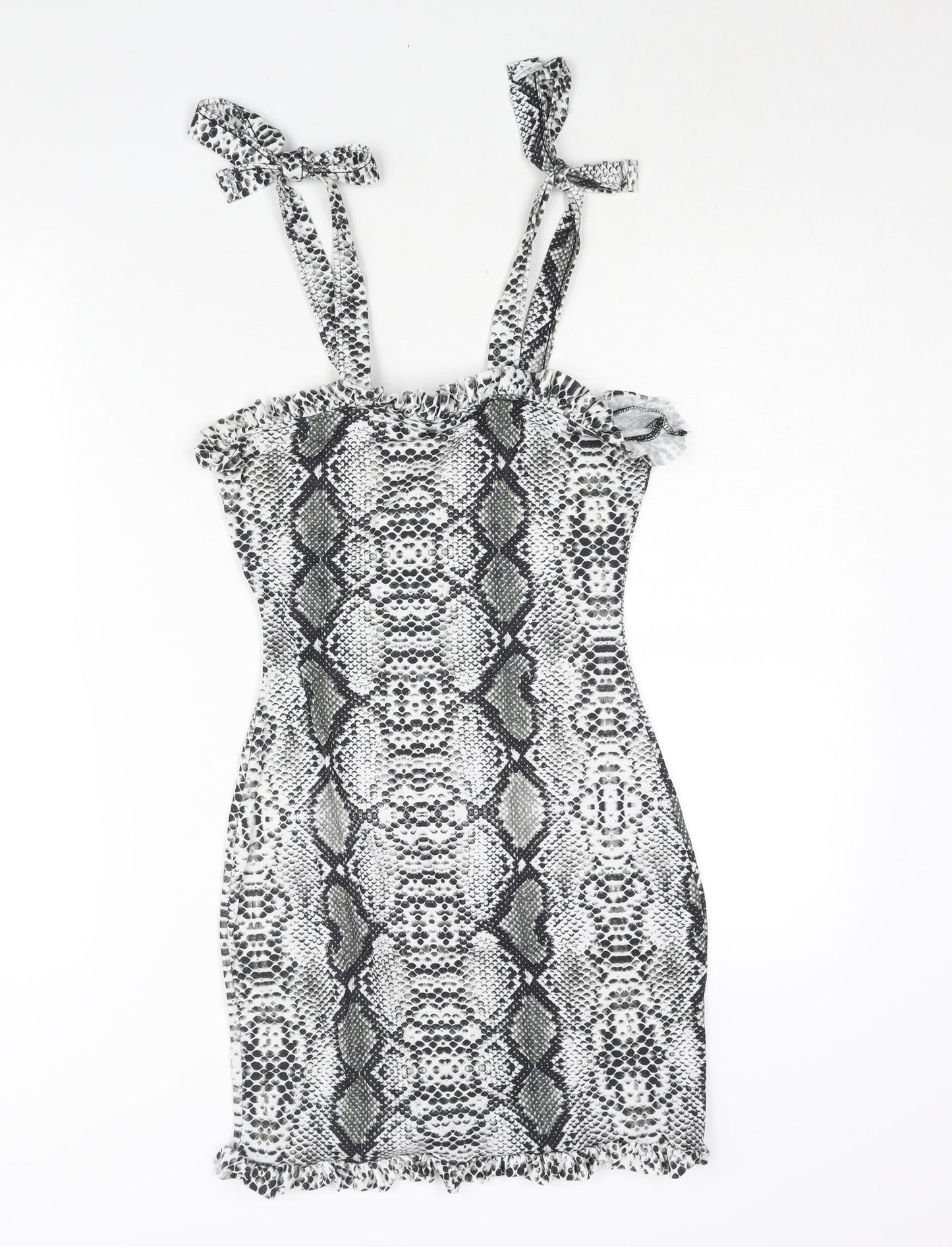 PRETTYLITTLETHING Womens Grey Animal Print Polyester Bodycon Size 8 Square Neck Tie - Frill Snakeskin Print