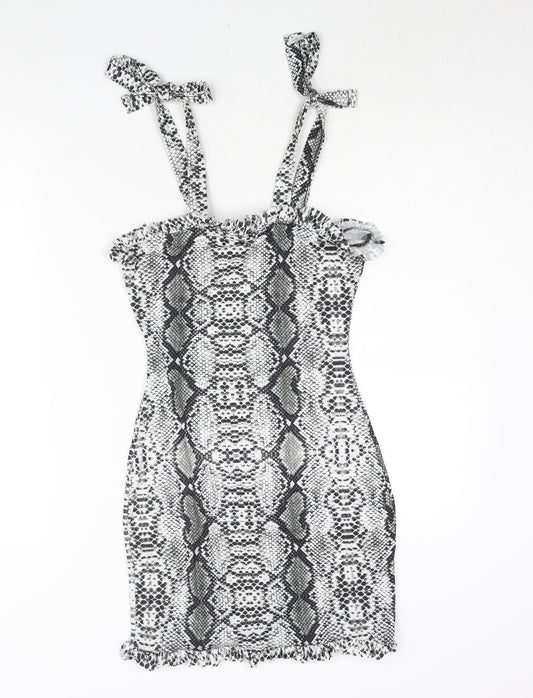 PRETTYLITTLETHING Womens Grey Animal Print Polyester Bodycon Size 8 Square Neck Tie - Frill Snakeskin Print