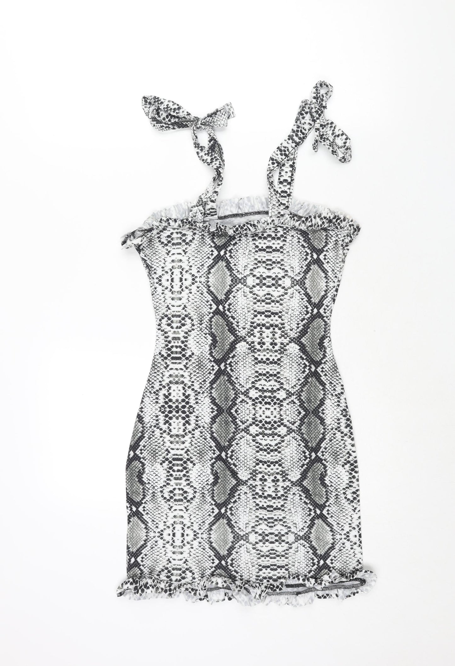 PRETTYLITTLETHING Womens Grey Animal Print Polyester Bodycon Size 8 Square Neck Tie - Frill Snakeskin Print