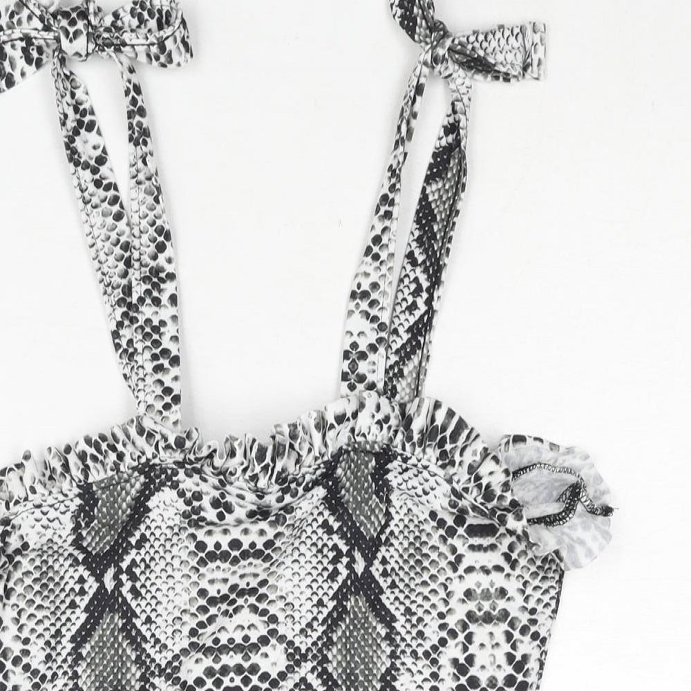 PRETTYLITTLETHING Womens Grey Animal Print Polyester Bodycon Size 8 Square Neck Tie - Frill Snakeskin Print