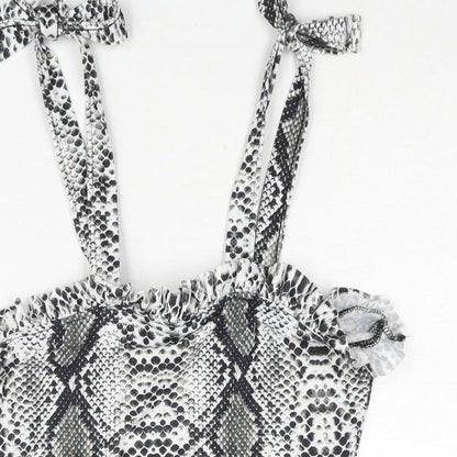 PRETTYLITTLETHING Womens Grey Animal Print Polyester Bodycon Size 8 Square Neck Tie - Frill Snakeskin Print