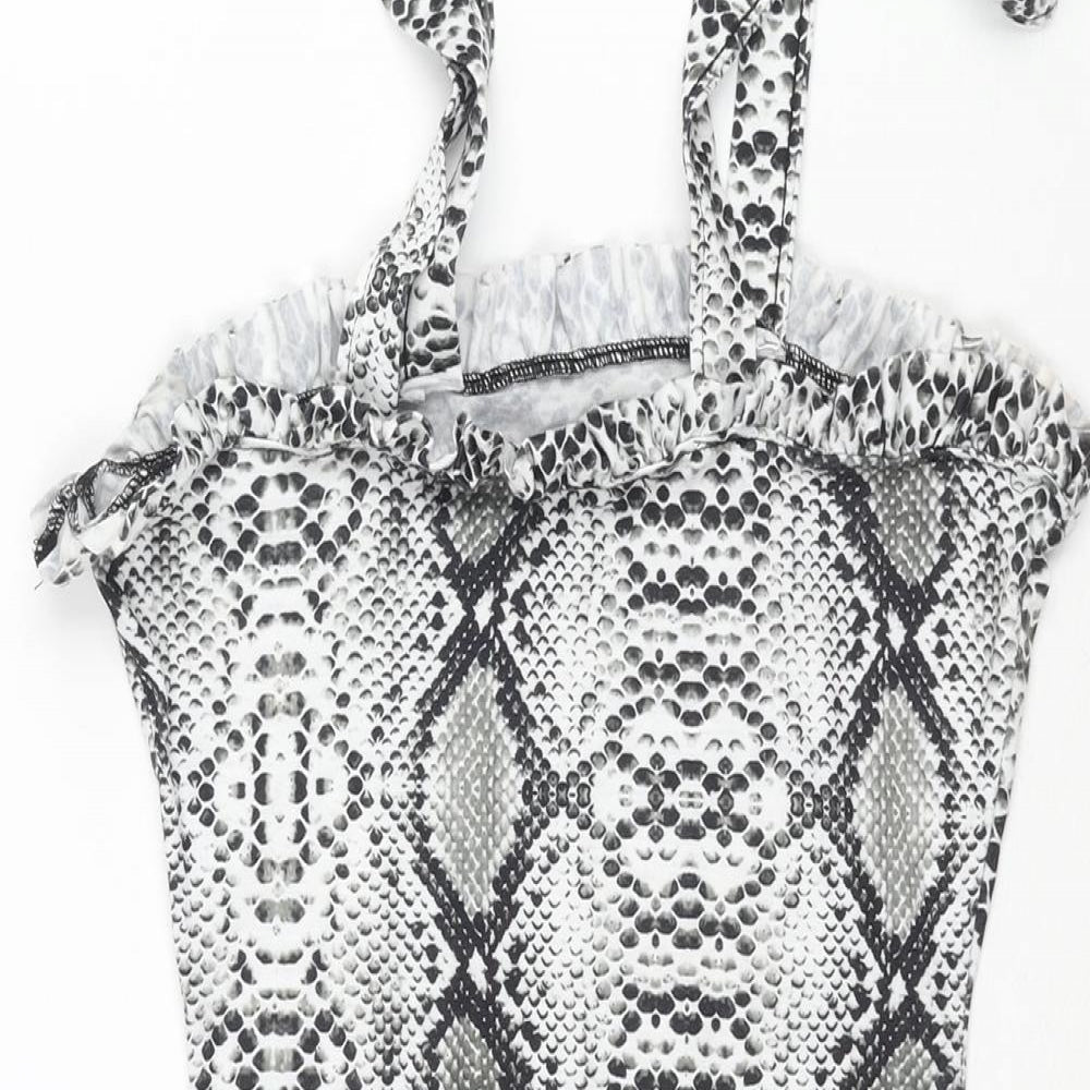 PRETTYLITTLETHING Womens Grey Animal Print Polyester Bodycon Size 8 Square Neck Tie - Frill Snakeskin Print