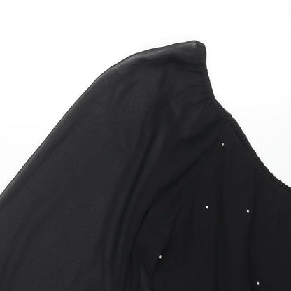 New Look Womens Black Polyester A-Line Size 8 One Shoulder Pullover - Rhinestone Detail Flare Sleeve
