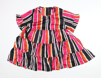 City Lights Womens Multicoloured Striped Polyester Mini Size 10 Round Neck Button - Frill Smocked