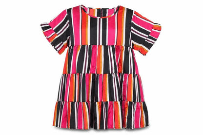 City Lights Womens Multicoloured Striped Polyester Mini Size 10 Round Neck Button - Frill Smocked