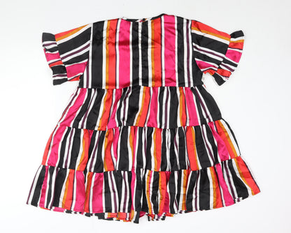 City Lights Womens Multicoloured Striped Polyester Mini Size 10 Round Neck Button - Frill Smocked