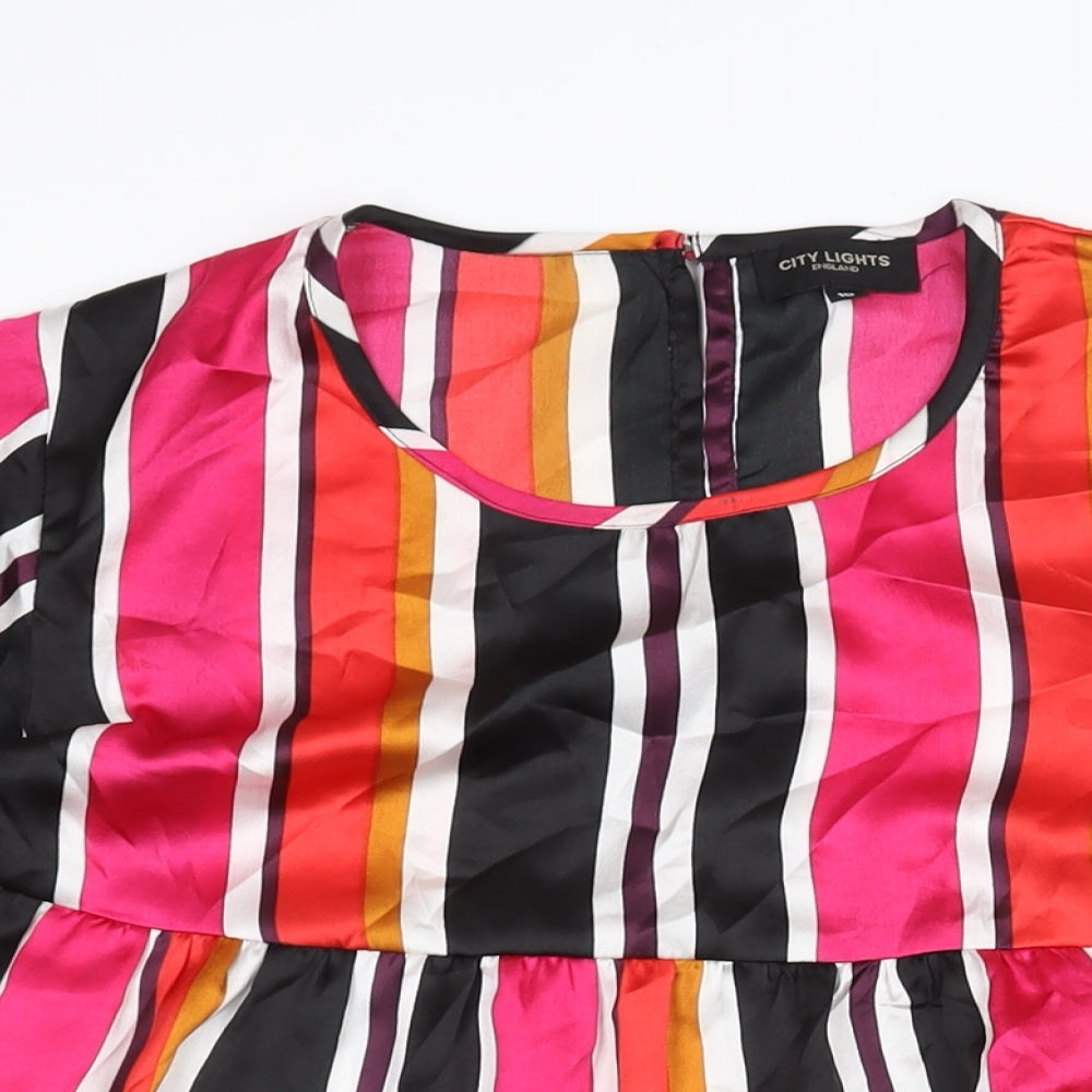 City Lights Womens Multicoloured Striped Polyester Mini Size 10 Round Neck Button - Frill Smocked