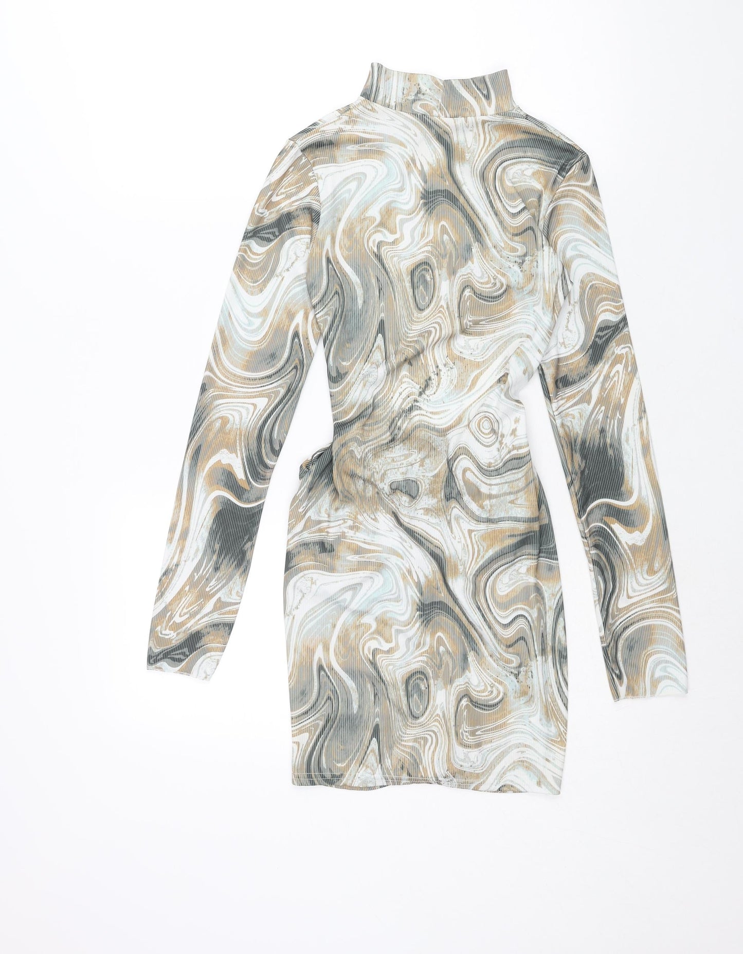 PRETTYLITTLETHING Womens Multicoloured Geometric Polyester Bodycon Size 8 Mock Neck Pullover - Open Back Drawstring Detail Marble Print