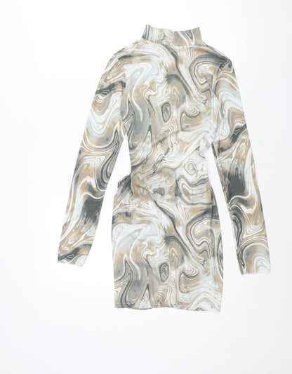 PRETTYLITTLETHING Womens Multicoloured Geometric Polyester Bodycon Size 8 Mock Neck Pullover - Open Back Drawstring Detail Marble Print