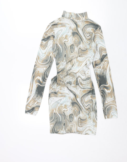 PRETTYLITTLETHING Womens Multicoloured Geometric Polyester Bodycon Size 8 Mock Neck Pullover - Open Back Drawstring Detail Marble Print