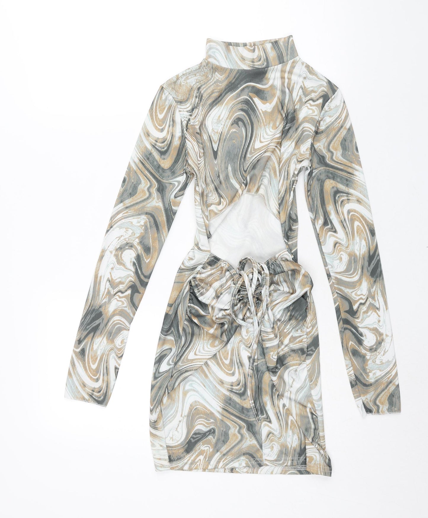 PRETTYLITTLETHING Womens Multicoloured Geometric Polyester Bodycon Size 8 Mock Neck Pullover - Open Back Drawstring Detail Marble Print