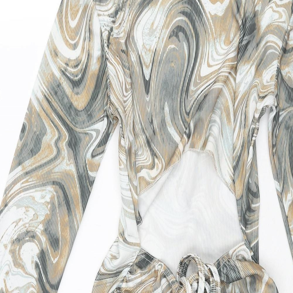 PRETTYLITTLETHING Womens Multicoloured Geometric Polyester Bodycon Size 8 Mock Neck Pullover - Open Back Drawstring Detail Marble Print