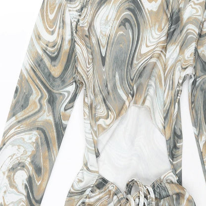 PRETTYLITTLETHING Womens Multicoloured Geometric Polyester Bodycon Size 8 Mock Neck Pullover - Open Back Drawstring Detail Marble Print