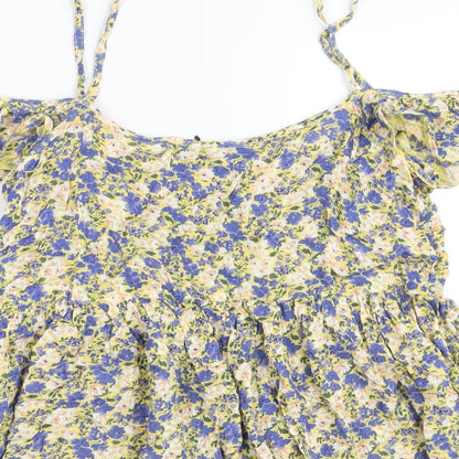 New Look Womens Multicoloured Floral Viscose A-Line Size 10 Scoop Neck Pullover - Cold Shoulder Frill