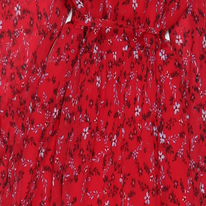 Omnes Womens Red Floral Polyester A-Line Size 12 V-Neck Pullover - Belted
