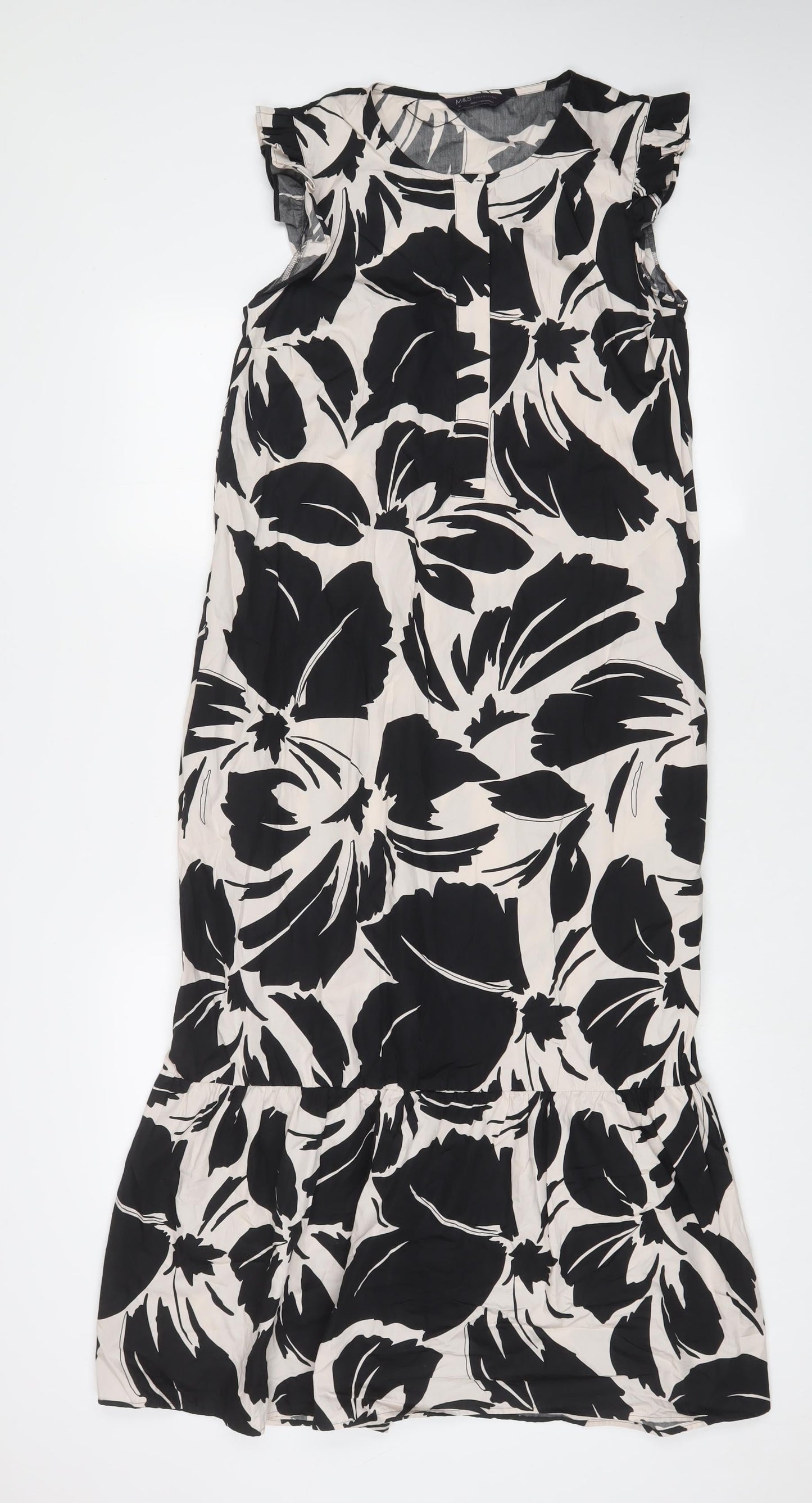 Marks and Spencer Womens Black Floral Cotton A-Line Size 8 Crew Neck Button