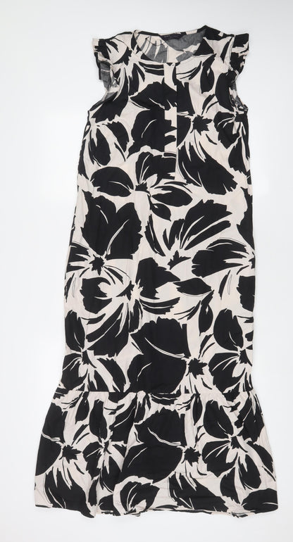 Marks and Spencer Womens Black Floral Cotton A-Line Size 8 Crew Neck Button
