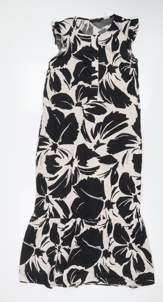 Marks and Spencer Womens Black Floral Cotton A-Line Size 8 Crew Neck Button