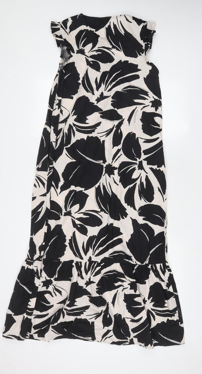 Marks and Spencer Womens Black Floral Cotton A-Line Size 8 Crew Neck Button