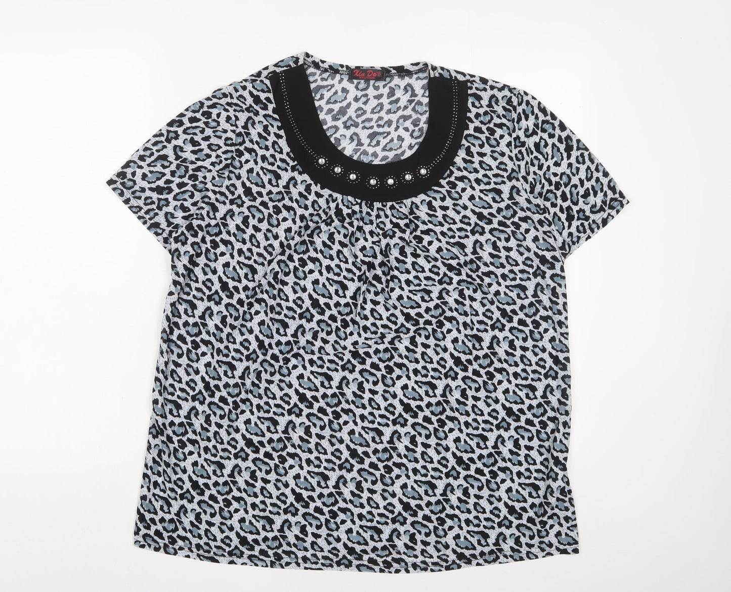 Kin Da Womens Blue Animal Print Polyester Basic T-Shirt Size 2XL Crew Neck - Studded